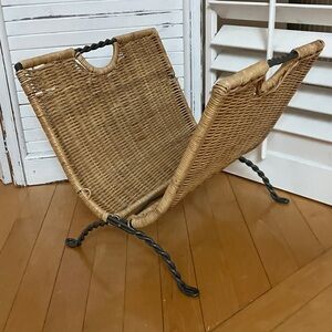MCM Vintage Wicker & Iron Collapsible Magazine Rack